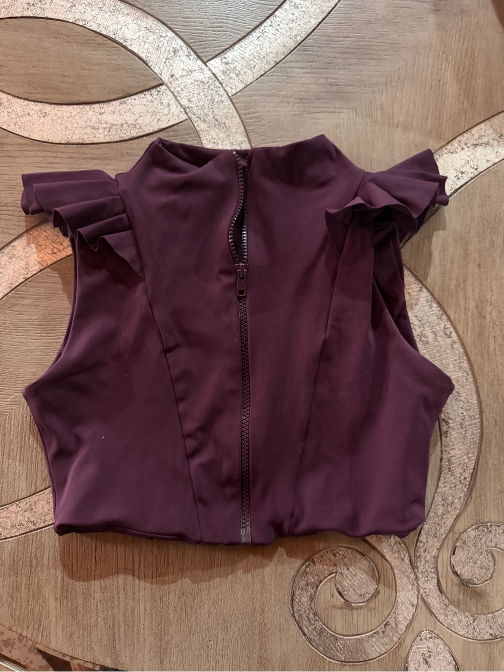 Ruffled Mock Neck Zip-Front Crop Top in Plum